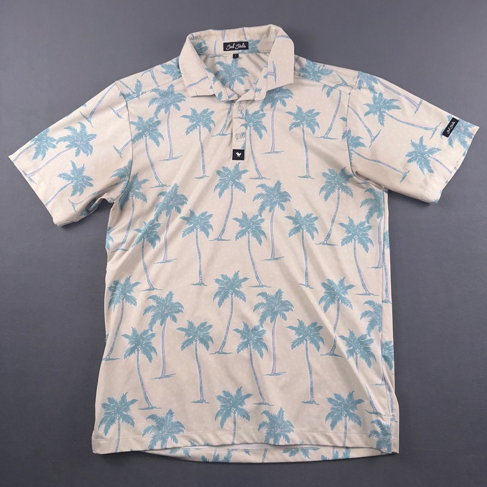 Bad Birdie Men Golf Polo Shirt Large Palm Tree Tropical Cream SS24F3-BBMP015-465